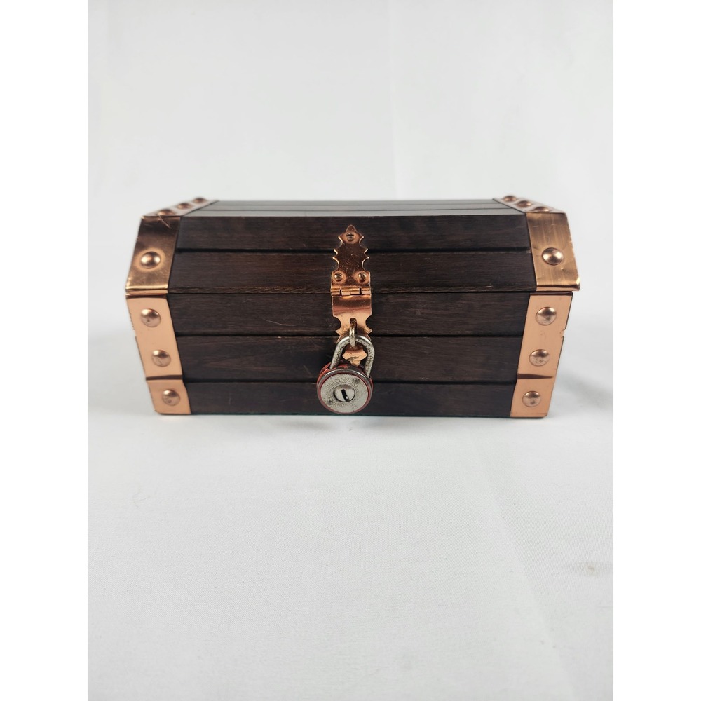 Vintage Wooden Treasure Chest Jewelry Box‎ Japan Copper Accents Velvet Lining